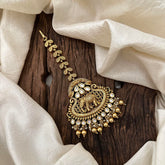 Premium White Stone Elephant Maang Tikka-Gold Bead-Pearl-G13486